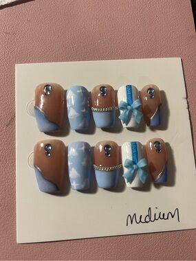 10 PC Hand Crafted Cloudy Blue French Nails NWT